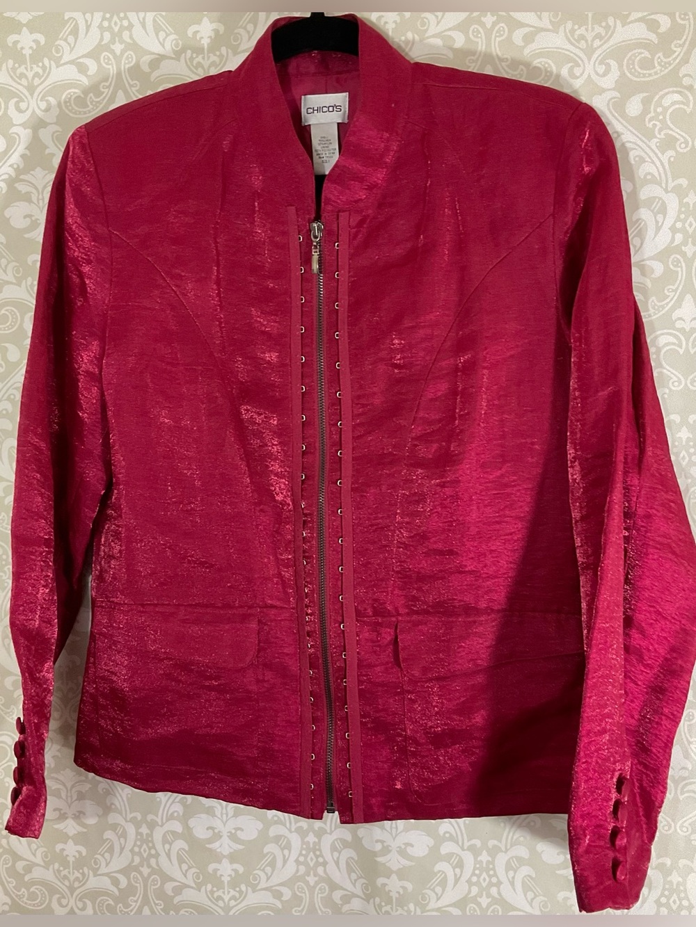 Chico's Women’s Deep Red Zip-Front BlazerJacket (Chico’s 1) Medium Lined